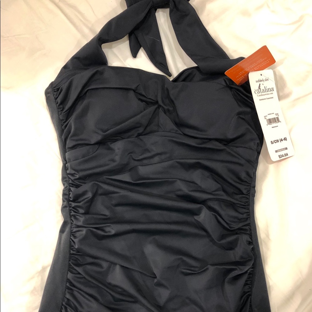 Brand new black one-piece halter swimsuit.